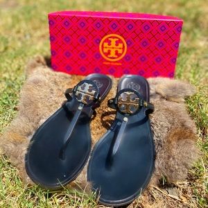 TORY BURCH BLACK AND GOLD SANDALS